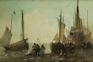 Entladen von Fischerbooten am Kai, Bretagne von Hector Caffieri