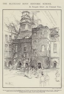 Die historische Schule der Bluecoat Boys in der Newgate Street, London (Lithografie) von Hedley Fitton
