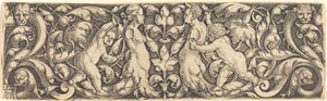 Kreuzpaneel mit Weinrebe in der Mitte und Tritonenpaar, 1537 von Heinrich Aldegrever
