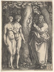 Gott rechts verbietet dem nackten Adam und Eva links, vom Baum der Erkenntnis zu essen, 1540 von Heinrich Aldegrever