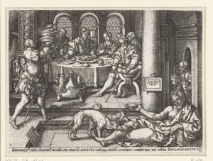 Lazarus bettelt an der Tür des reichen Mannes von Heinrich Aldegrever