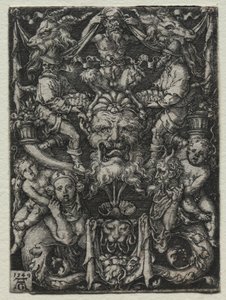 Ornamententwurf mit Maske, einem Paar Tritonen und zwei Kindern darunter