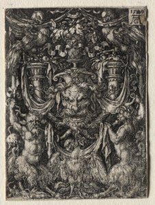 Ornamententwurf mit Maske und einem Adler zwischen zwei Faunen darunter von Heinrich Aldegrever