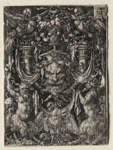 Ornamentdesign mit einer Maske und einem Adler zwischen zwei Faunen unten, 1509 von Heinrich Aldegrever