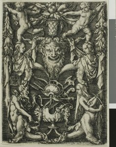 Ornamentales Design mit einem Paar Satyrn, Kindern und einer Trophäe von Heinrich Aldegrever