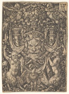 Ornamentales Design mit einer Maske und einem Adler zwischen zwei Faunen unten, 1549 von Heinrich Aldegrever