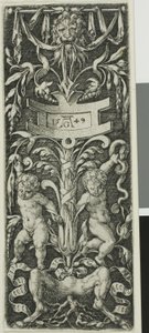 Ornamenttafel mit zwei nackten Jungen, die auf den Beinen eines Satyrs stehen von Heinrich Aldegrever