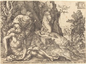 Der barmherzige Samariter, der dem Reisenden hilft von Heinrich Aldegrever