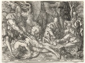 Das Gleichnis vom barmherzigen Samariter: Die Räuber greifen die Reisenden an von Heinrich Aldegrever