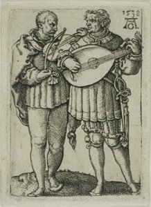 Zwei Musiker, die Geige und Laute spielen, Platte eins aus den Kleinen Hochzeitstänzern von Heinrich Aldegrever