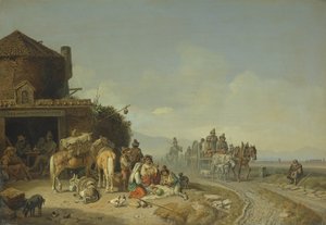 Reisende vor einem Gasthaus