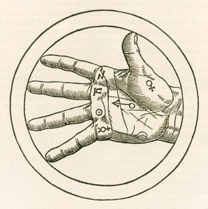 Die Hand der Chiromantie, Gravur aus Heinrich Cornelius Agrippa von Nettesheim (1486-1535) De occulta philosophia libri tres, veröffentlicht 1533 von Heinrich Cornelius Agrippa von Nettesheim