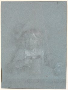 Ein Junge an einem Tisch mit Apfel und Krug in den Händen von Heinrich Dittmers
