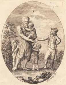 Ein Herr gibt einem Mann mit zwei Kindern ein Trinkgeld von Heinrich Grosch