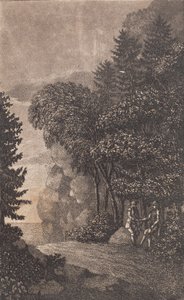 Landschaft mit Felsen und großen Bäumen, rechts zwei Männer von Heinrich Grosch