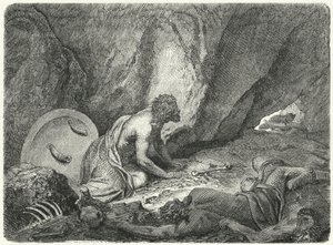 Aristomenes entkommt aus der Grube, in die ihn die Spartaner geworfen hatten von Heinrich Leutemann