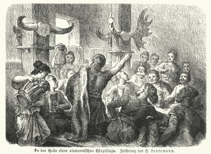 Festmahl in der Halle eines germanischen Häuptlings (Gravur) von Heinrich Leutemann