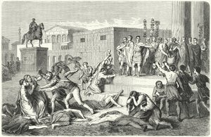 Das Triumvirat von Mark Anton, Marcus Aemilius Lepidus und Octavian verkündet Proskriptionen gegen ihre politischen Feinde, 43 v. Chr. von Heinrich Leutemann