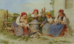 Frauen und Kinder mit spielender Katze