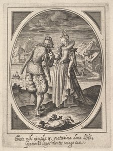 Ein Mann tritt auf eine Frau zu, die einen Becher an den Mund hält, eine Wassermühle und ein Berg..., ca. 1585-1621