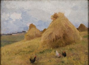 Hühner unter Kornhocken, ca. 1888