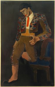 Torero mit einem Knie sich auf einen Stuhl stützend von Helmut Kolle