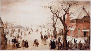 Winterlandschap met schaatsers bij een dorp