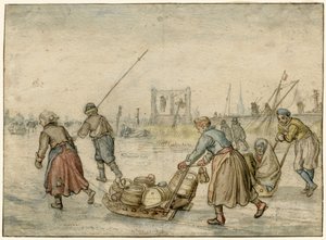 Winterlandschaft mit zwei Frauen und einem Schlitten und anderen Figuren auf dem Eis, ein Galgen in der Ferne