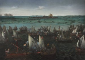 Schlacht zwischen niederländischen und spanischen Schiffen auf dem Haarlemmermeer, ca. 1629