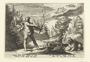 Arcas zielt mit seinem Pfeil auf Callisto von Hendrick Goltzius (workshop of)
