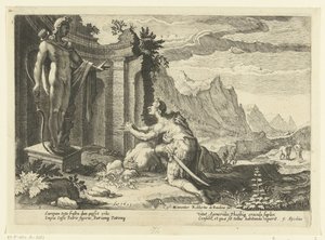 Kadmos fragt das Orakel von Delphi, was er tun soll, da er seine Schwester Europa nicht finden konnte (Ovids Metamorphosen) von Hendrick Goltzius (workshop of)