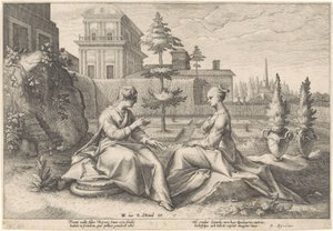 Juno nähert sich Semele in der Gestalt von Beroë (Metamorphosen von Ovid) von Hendrick Goltzius (workshop of)