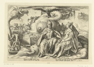 Jupiter und Juno diskutieren über die Frage, bei welchem Geschlecht die Lust in der Liebe größer ist von Hendrick Goltzius (workshop of)
