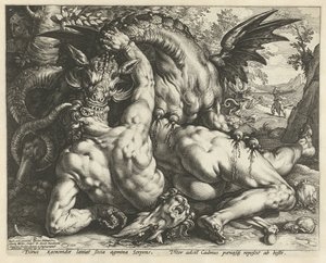 Gefährten von Kadmos von einem Drachen verschlungen von Hendrick Goltzius