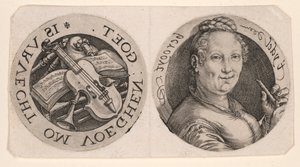 Büste einer Frau mit Flöte und Musikinstrumenten auf einem Blatt von Hendrick Goltzius