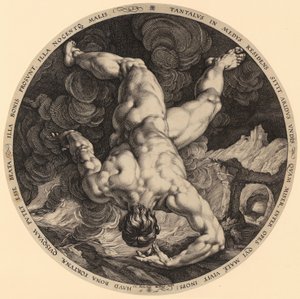 Fall des Tantalus, Blatt 1 der Folge "Die vier Himmelsstürmer" von Hendrick Goltzius