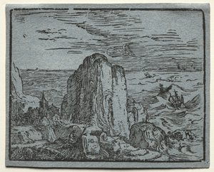 Vier kleine Landschaften: Nr. 4, Klippe am Meer von Hendrick Goltzius