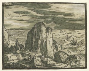 Vier kleine Landschaften: Nr. 4, Klippe am Meer von Hendrick Goltzius