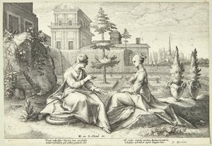 Juno in Verkleidung als Beroë warnt Semele von Hendrick Goltzius