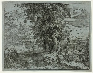 Landschaft mit einem Hirtenpaar, aus Vier kleine Landschaften von Hendrick Goltzius