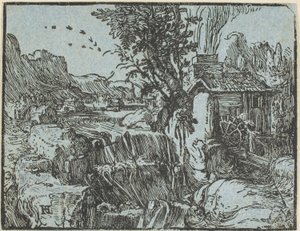 Landschaft mit einem Wasserfall, aus Vier kleine Landschaften von Hendrick Goltzius