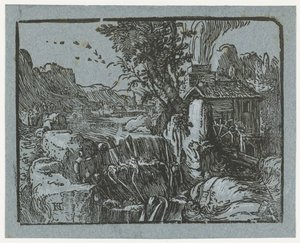 Landschaft mit Wasserfall (Serientitel: Vier kleine Landschaften) von Hendrick Goltzius