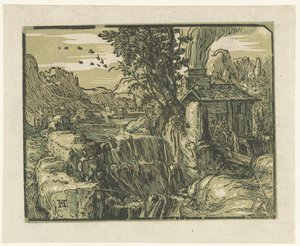 Landschaft mit Wasserfall von Hendrick Goltzius