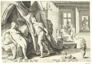 Merkur betritt das Zimmer von Herse, nachdem er Agraulos in Stein verwandelt hat von Hendrick Goltzius