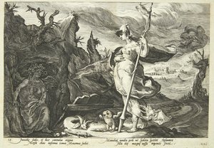 Minerva befiehlt dem Neid, das Herz von Agraulos mit Eifersucht zu füllen von Hendrick Goltzius