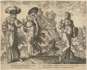 Orpa verlässt Ruth und Naomi [Blatt 1] und Ruth vor Boas auf dem Felde [Blatt 2], Blätter 1 und 2 der Folge "Die Geschichte der Ruth" von Hendrick Goltzius