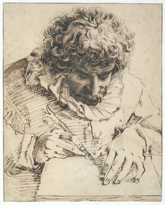 Porträt von Gillis van Breen, zeichnend oder Holz schneidend von Hendrick Goltzius
