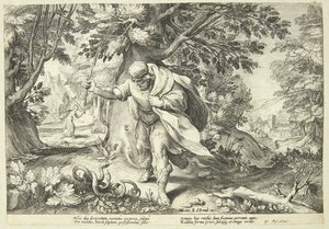Teiresias schlägt zwei paarende Schlangen mit seinem Stock von Hendrick Goltzius
