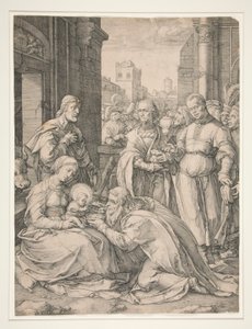 Die Anbetung der Heiligen Drei Könige, aus der Serie Die Geburt und das frühe Leben Christi von Hendrick Goltzius