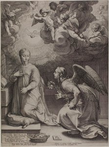 Die Verkündigung, Platte eins aus Die Geburt und das frühe Leben Christi von Hendrick Goltzius
